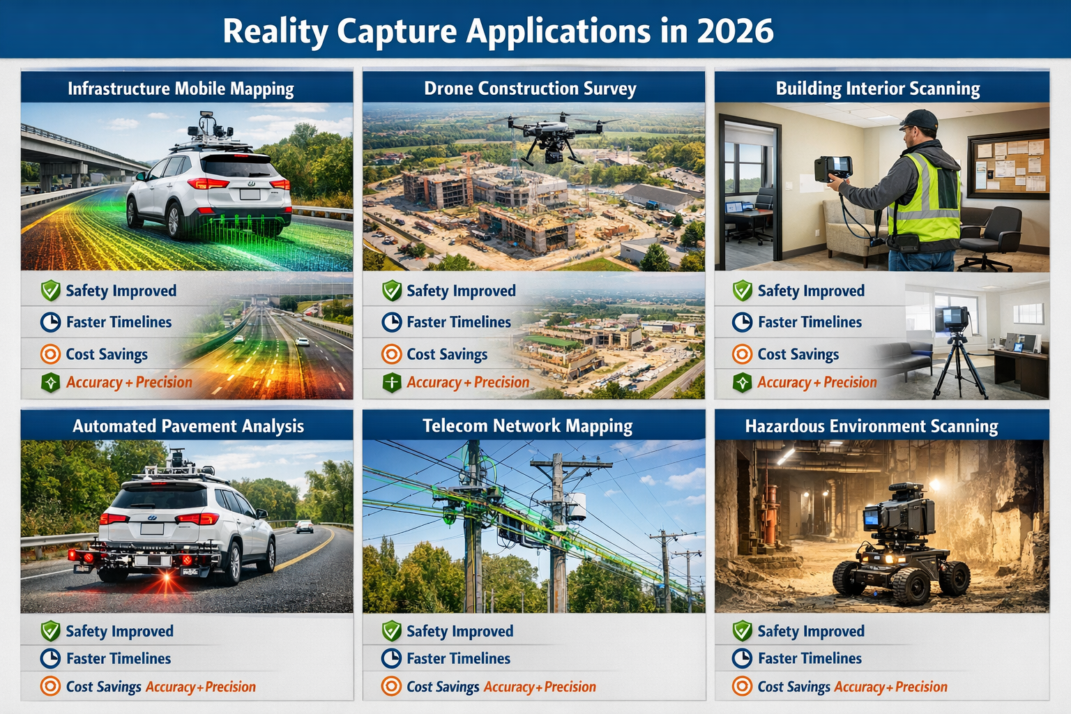 Landscape format (1536x1024) comprehensive application showcase displaying multiple reality capture use cases in 2026. Grid layout featuring