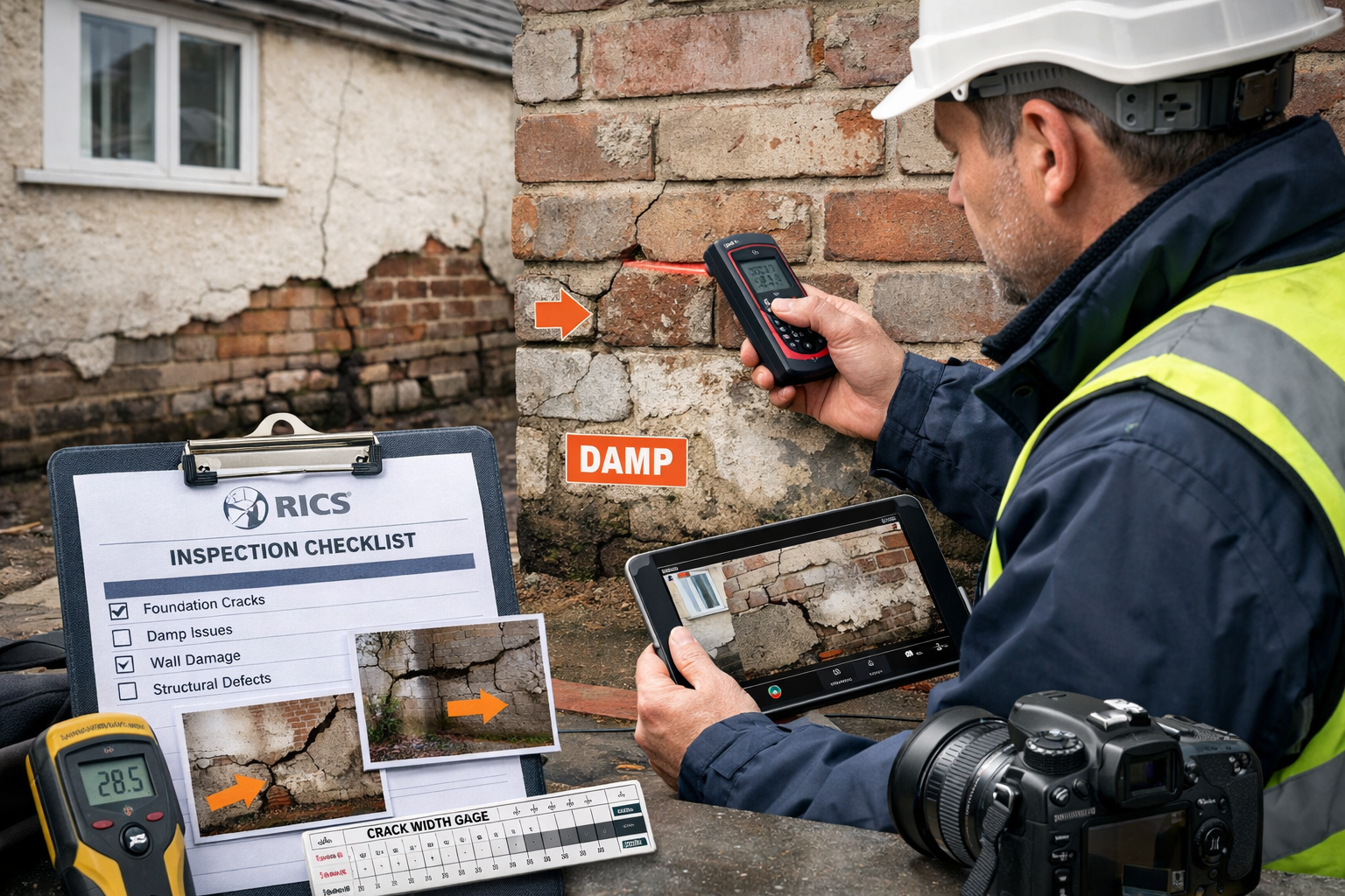 () editorial image showing close-up of professional building surveyor conducting detailed site inspection at residential