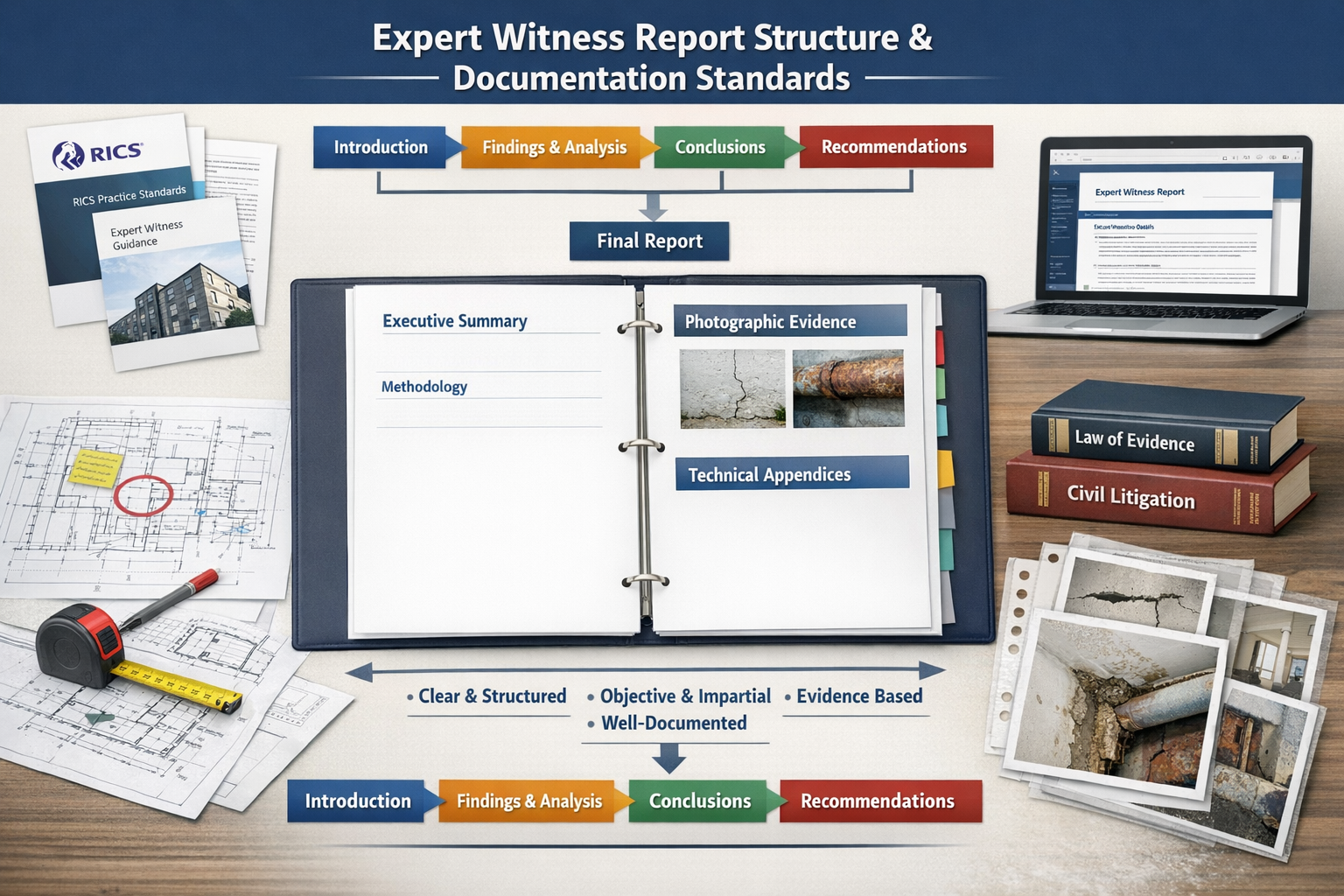 () professional infographic-style image displaying expert witness report structure and documentation standards. Central