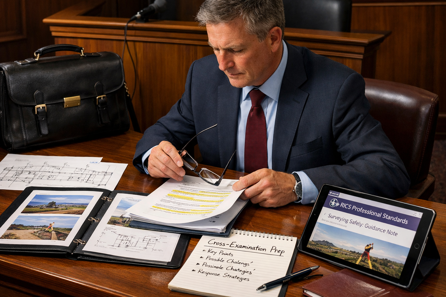 () dramatic courtroom preparation scene showing expert witness surveyor reviewing case materials before testimony. Main