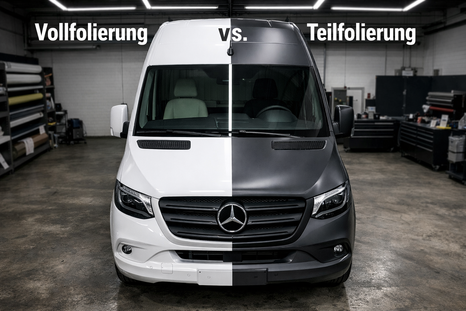 () showing a close-up overhead view of a Mercedes Sprinter van with half the factory white paint visible and half covered in