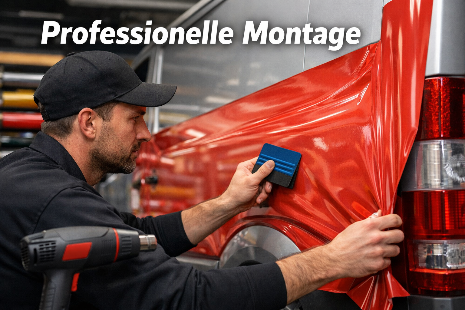 () depicting a professional Folierer technician in black work uniform carefully applying a large sheet of gloss vinyl film
