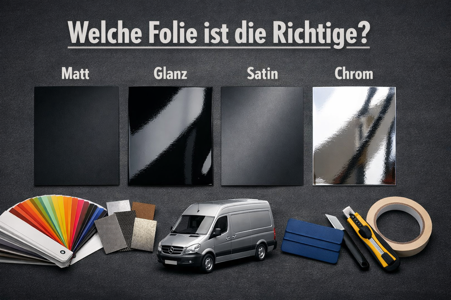 () showing a flat-lay comparison infographic on a dark surface featuring four vinyl film swatches labeled in German: 'Matt',
