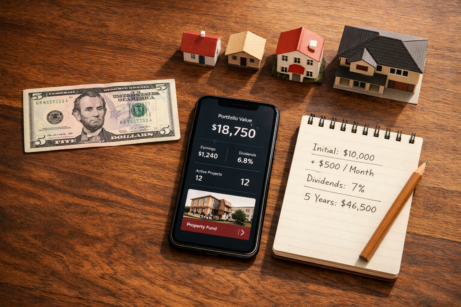 Wide-angle overhead flat lay of a wooden desk showing a $5 bill, a smartphone with a Fundrise-style app interface, a small