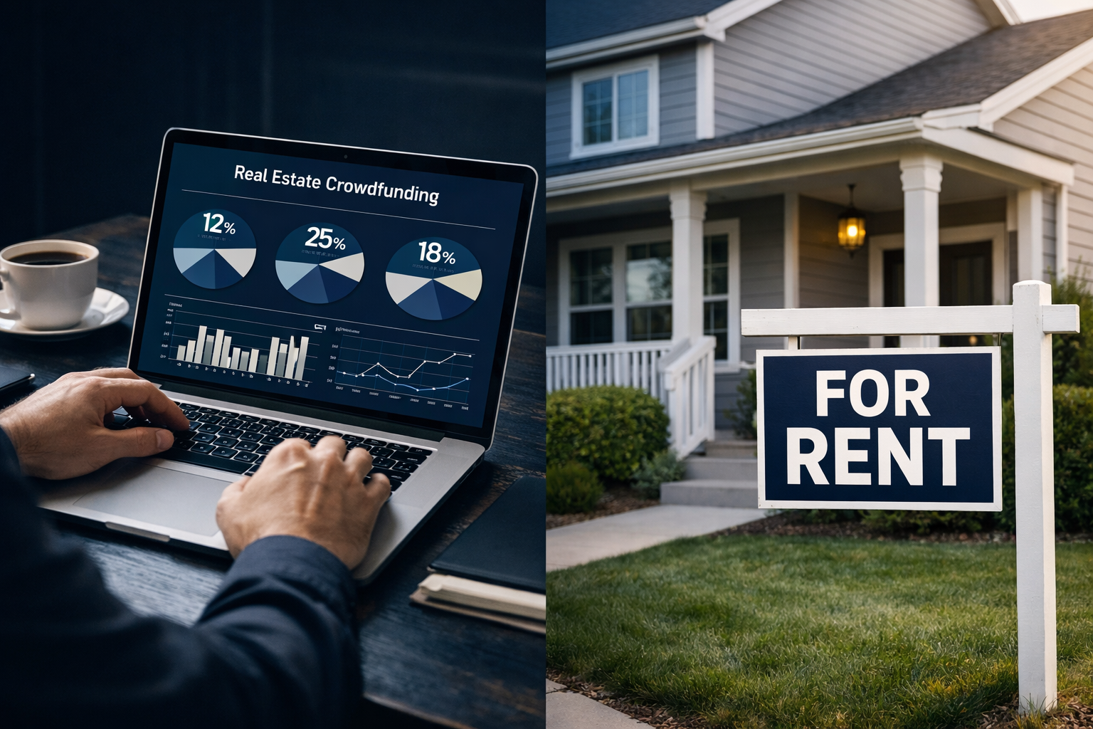 Split-scene landscape image showing two contrasting environments side by side: left side depicts a person reviewing a real