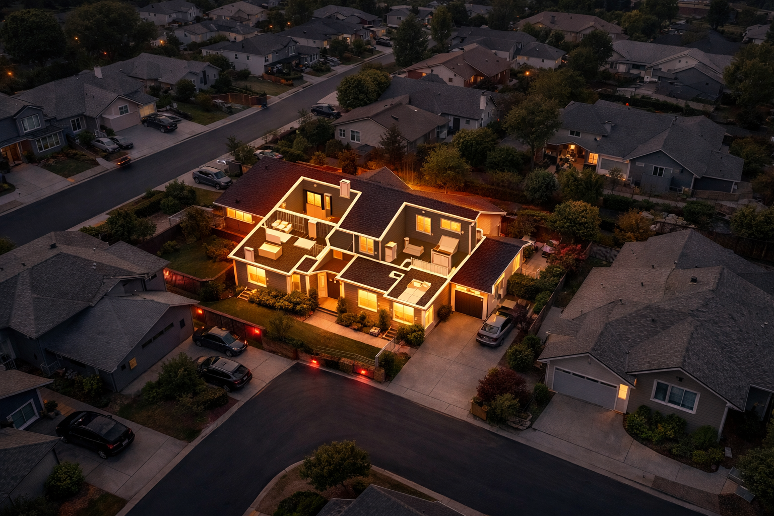 Aerial drone-style perspective of a suburban neighborhood with one house highlighted by a soft golden glow, representing