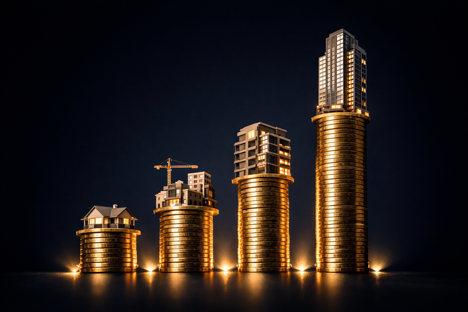 Dynamic financial comparison visual showing ascending bar graphs representing different real estate investment vehicles &mdash;