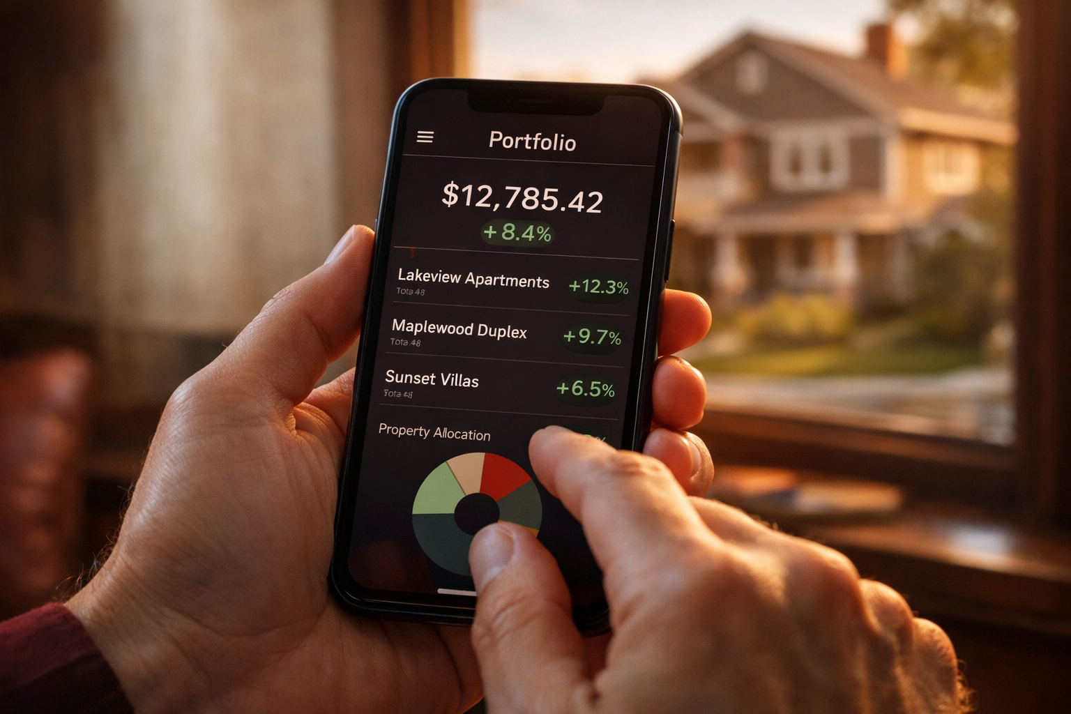 Close-up macro shot of hands holding a smartphone displaying a real estate micro-investing app portfolio screen with green
