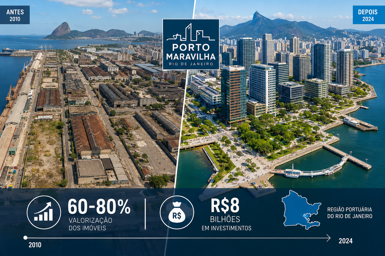 Wide aerial () showing the Porto Maravilha district transformation in Rio de Janeiro, with before-and-after split