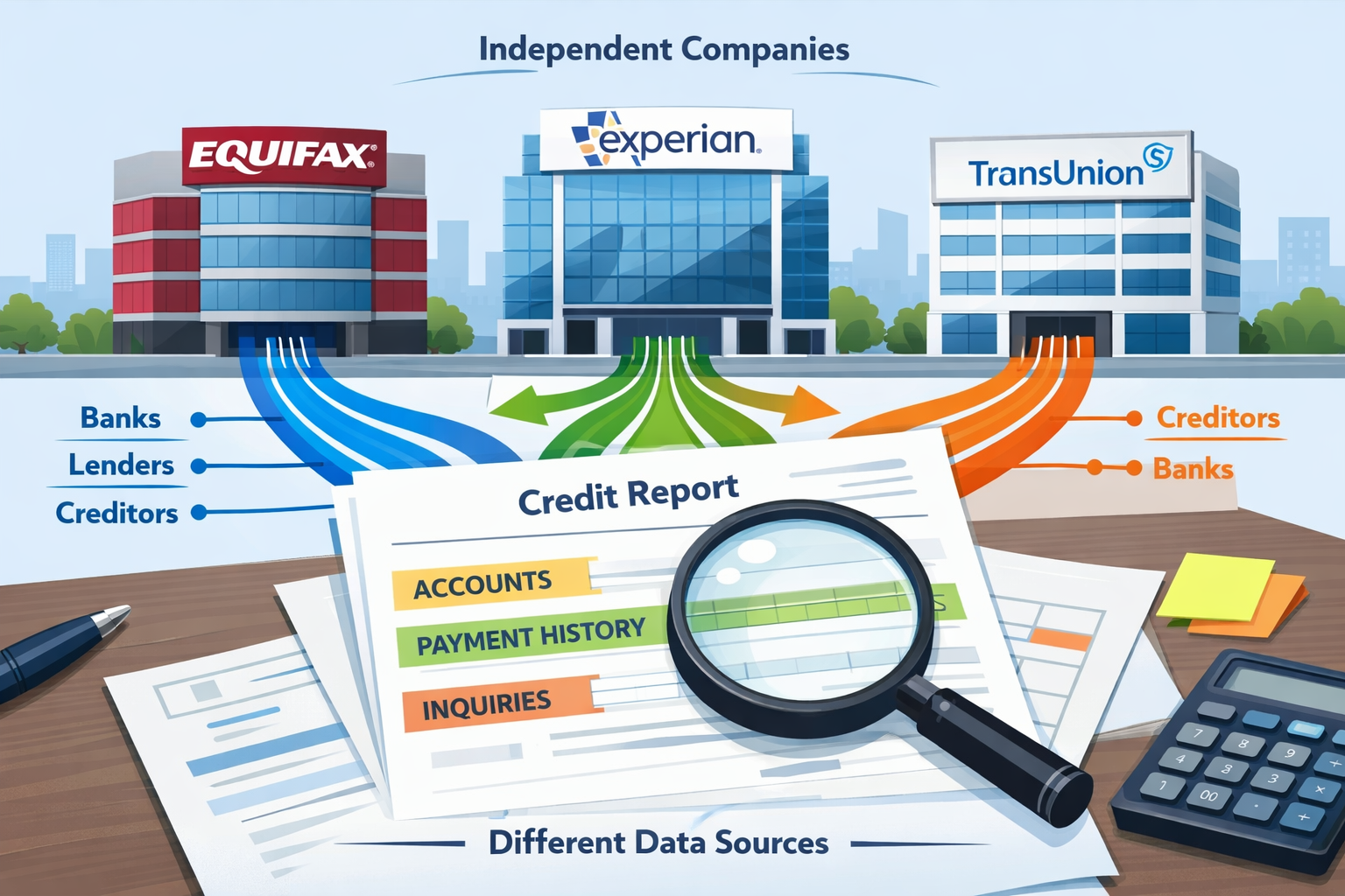 Cover Image Idea (3:2) A sample credit report document on a desk with highlighted sections: accounts, payment history, inquiries — with a ma