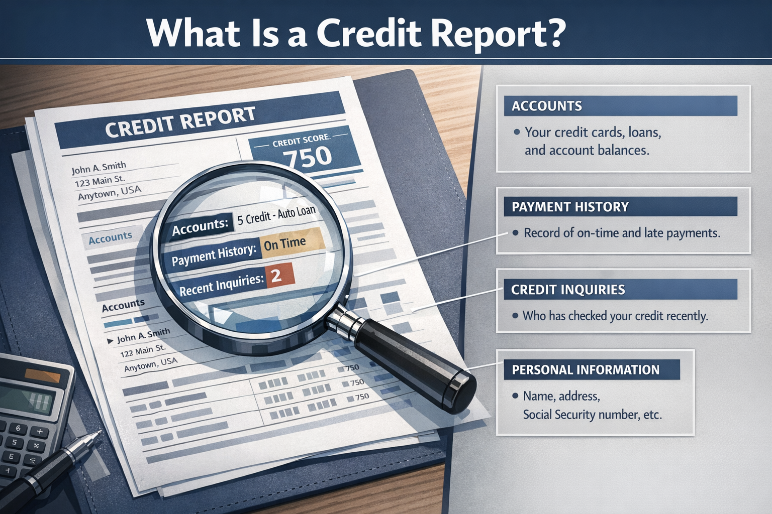 Cover Image Idea (3:2) A sample credit report document on a desk with highlighted sections: accounts, payment history, inquiries — with a ma