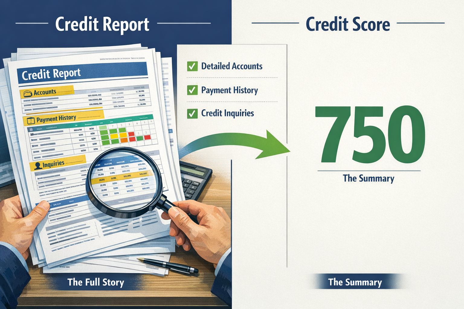 Cover Image Idea (3:2) A sample credit report document on a desk with highlighted sections: accounts, payment history, inquiries — with a ma