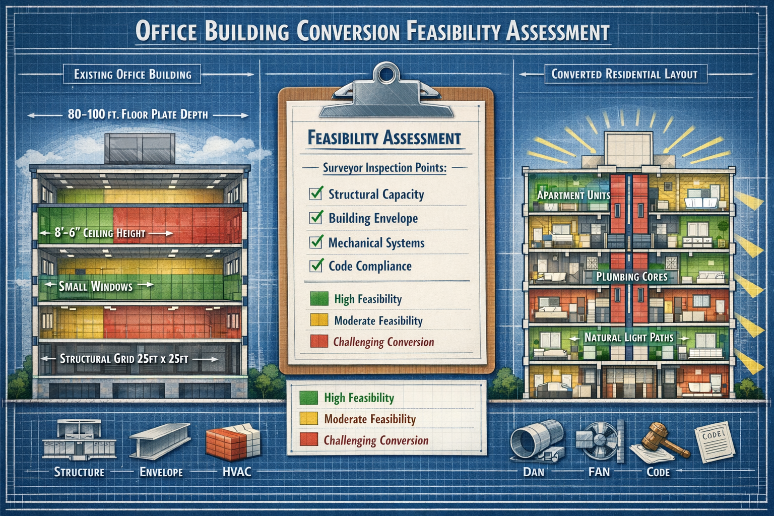 Landscape format (1536x1024) detailed infographic showing office building conversion feasibility assessment with cutaway architectural diagr