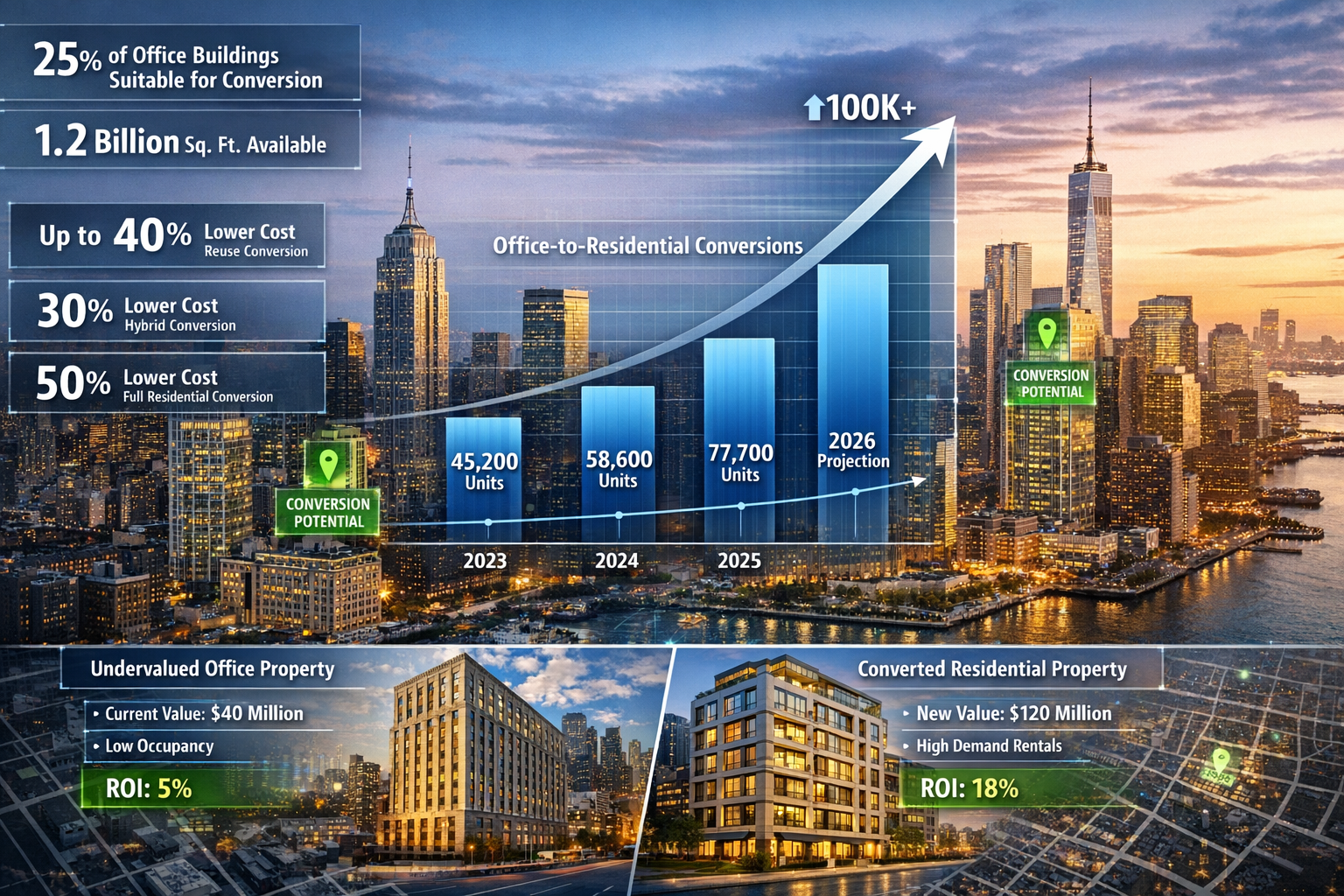 Landscape format (1536x1024) financial opportunity visualization combining market data and building imagery. Central focus shows upward tren
