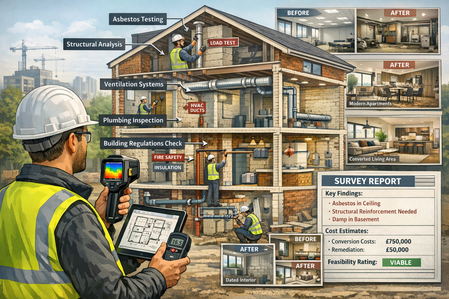 Landscape format (1536x1024) comprehensive building survey process visualization showing surveyor conducting detailed assessment of office b
