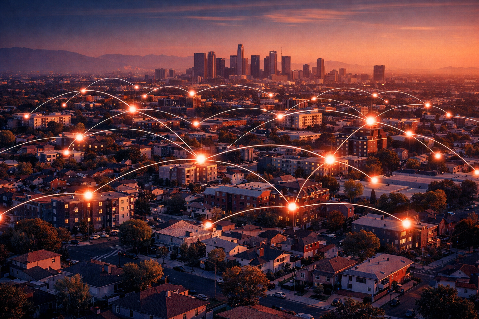 Wide-angle aerial photograph of a diverse US cityscape at golden hour showing a mix of single-family homes, multifamily