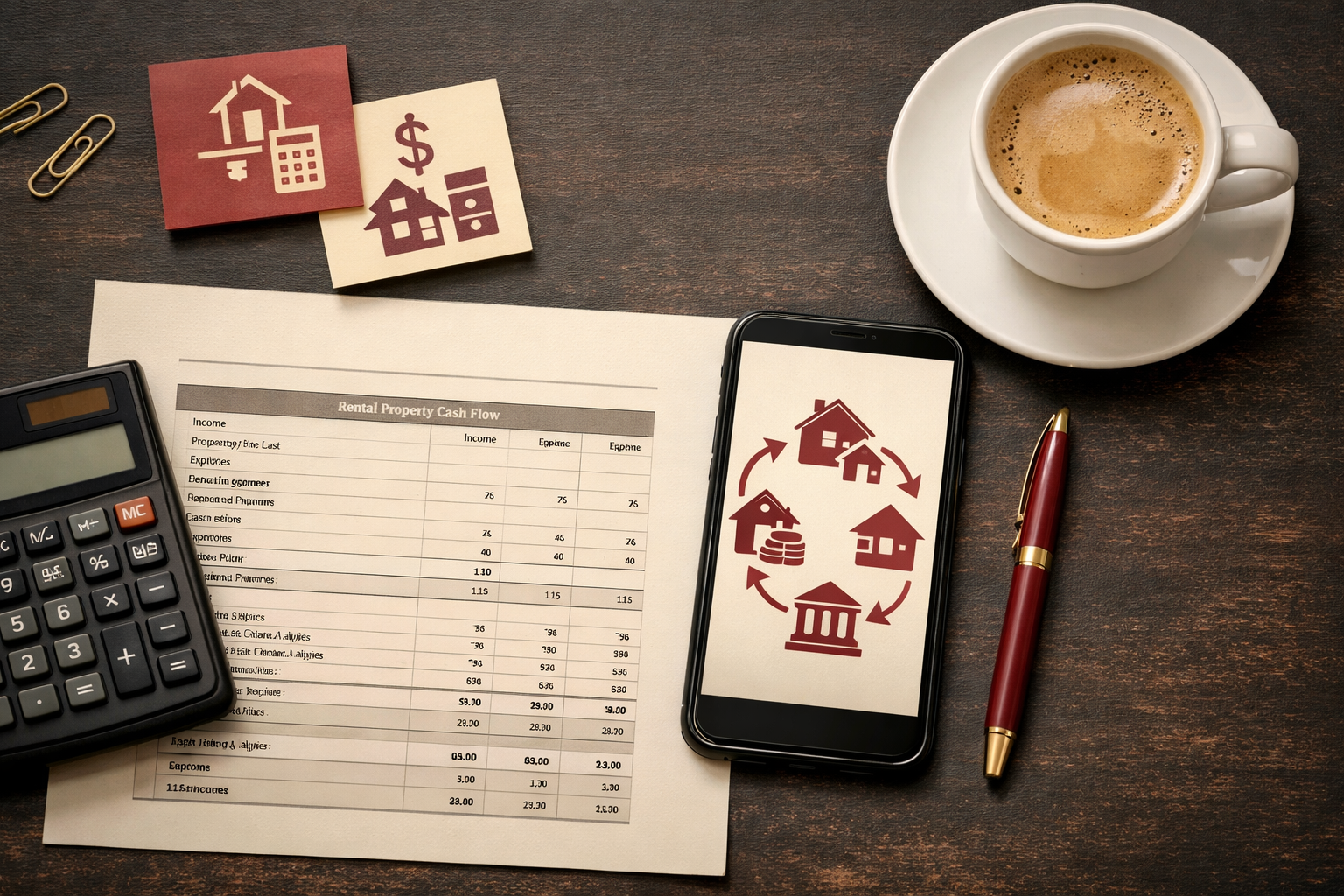 Flat-lay top-down shot of an investor's analysis toolkit spread across a dark desk: a printed rental property cash flow