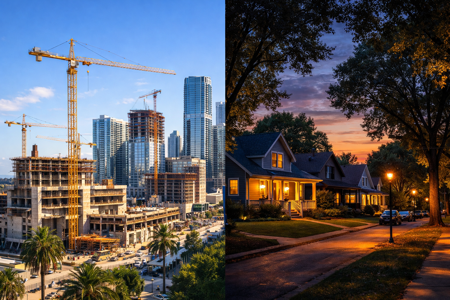 Split-composition image showing two contrasting real estate market environments side by side: left side depicts a bustling