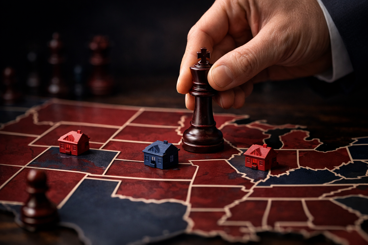 Close-up shot of a real estate investor's hand placing a chess king piece on a property investment board game-style map of