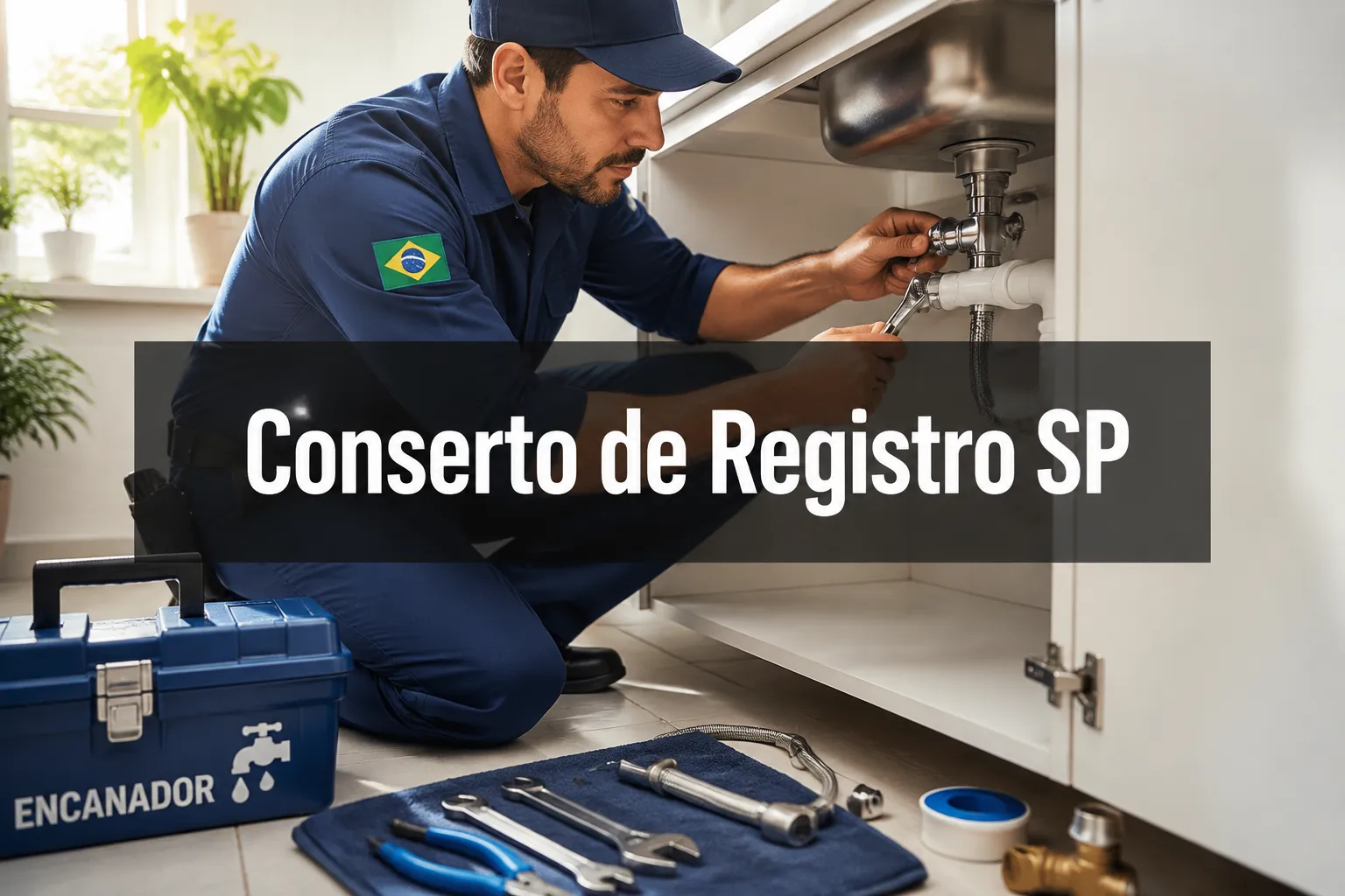 Professional () hero image with 'Conserto de Registro SP' (≤42 chars) in crisp white on a dark semi-transparent horizontal