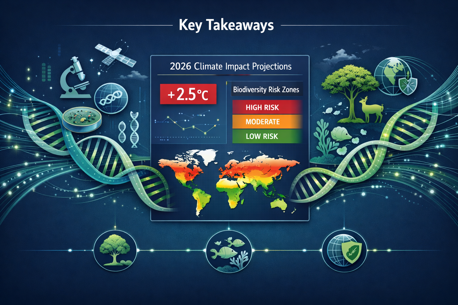 Key Takeaways section visual: Infographic landscape composition showcasing interconnected DNA helixes transforming into