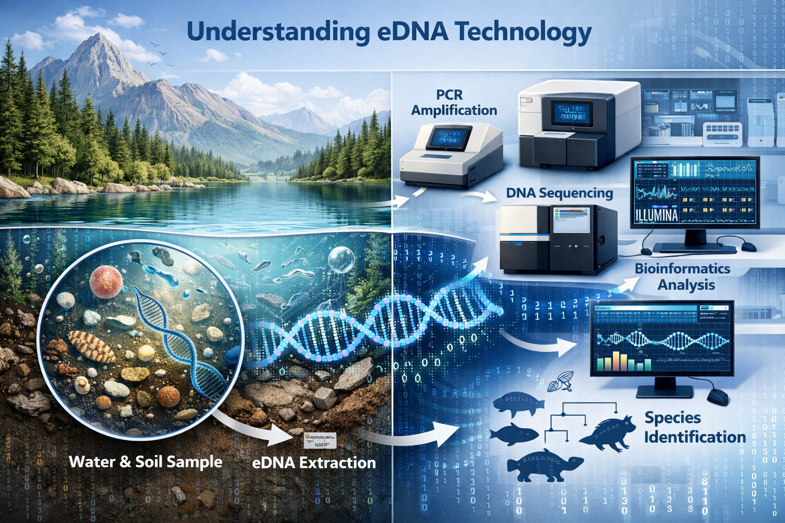 Understanding eDNA Technology section visual: Detailed scientific illustration depicting environmental DNA extraction