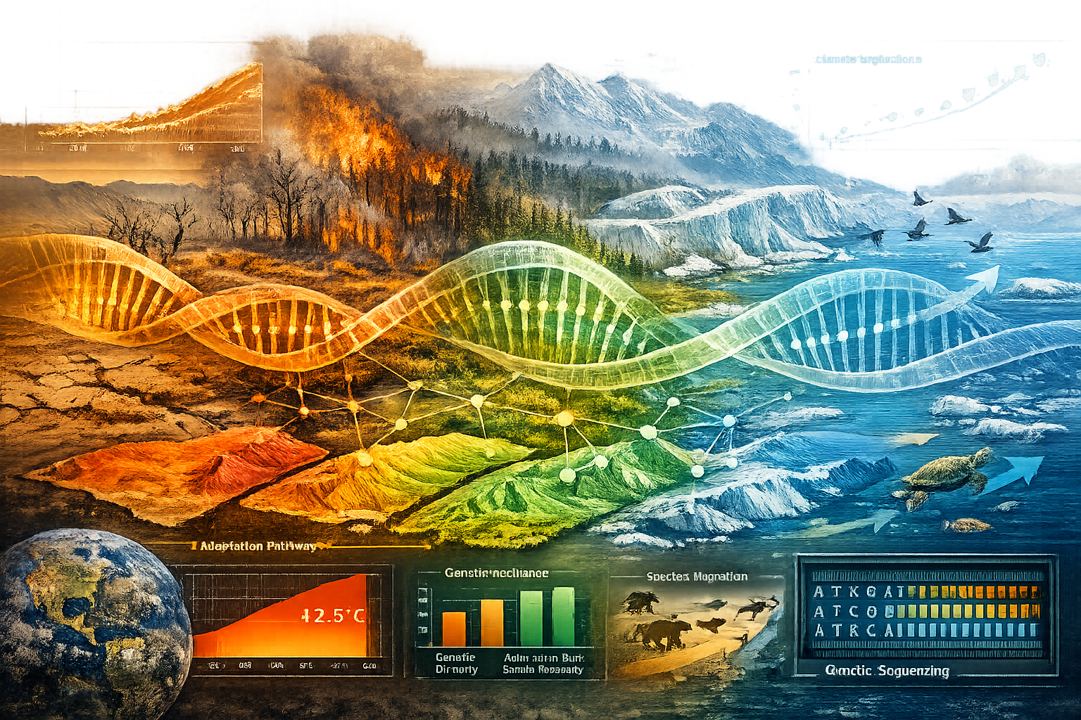 Climate Change Impacts section visual: Dramatic landscape visualization showing multiple ecological zones transitioning
