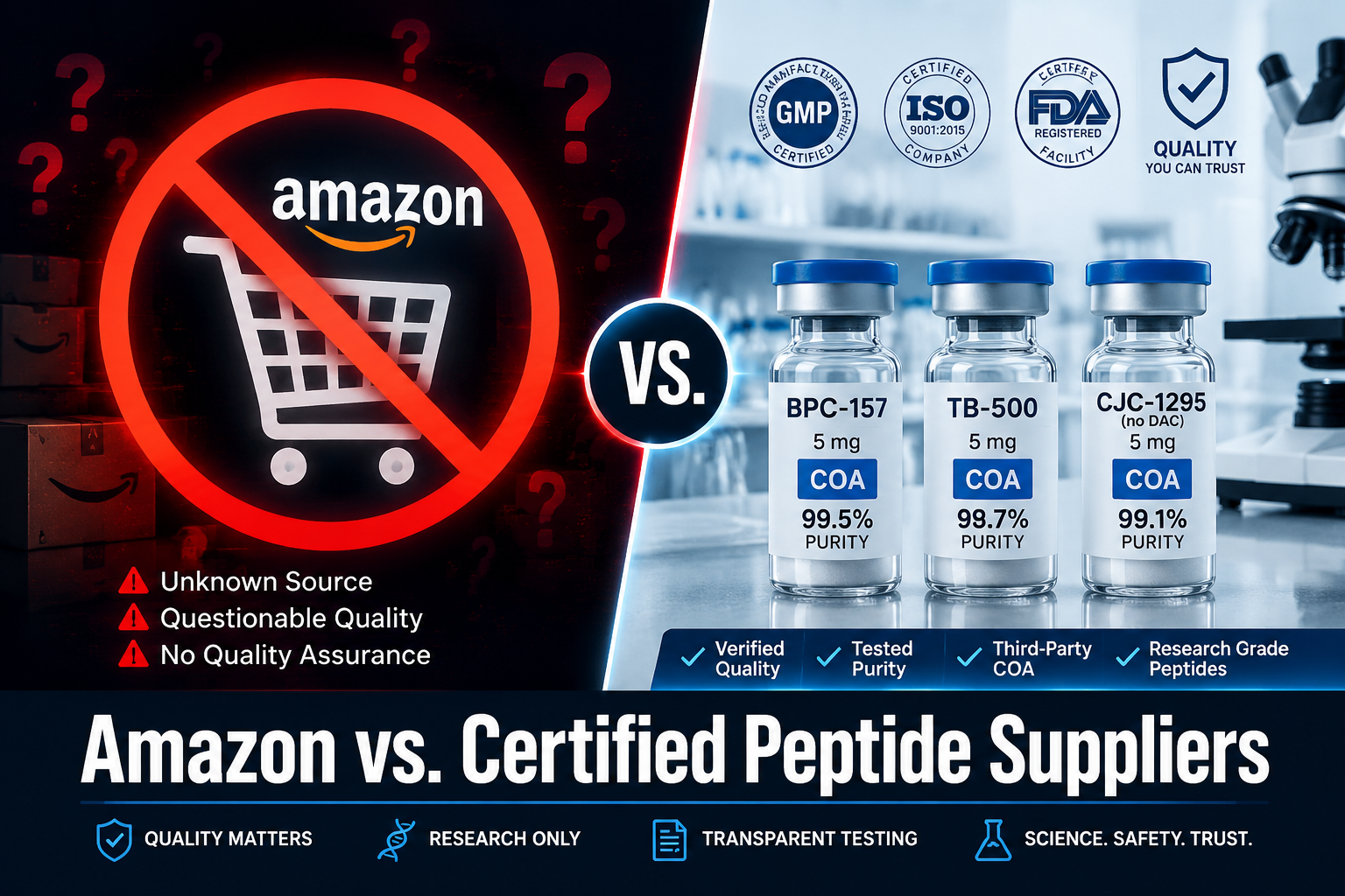 () editorial illustration showing a split-scene comparison: left side depicts an Amazon shopping cart icon with a red