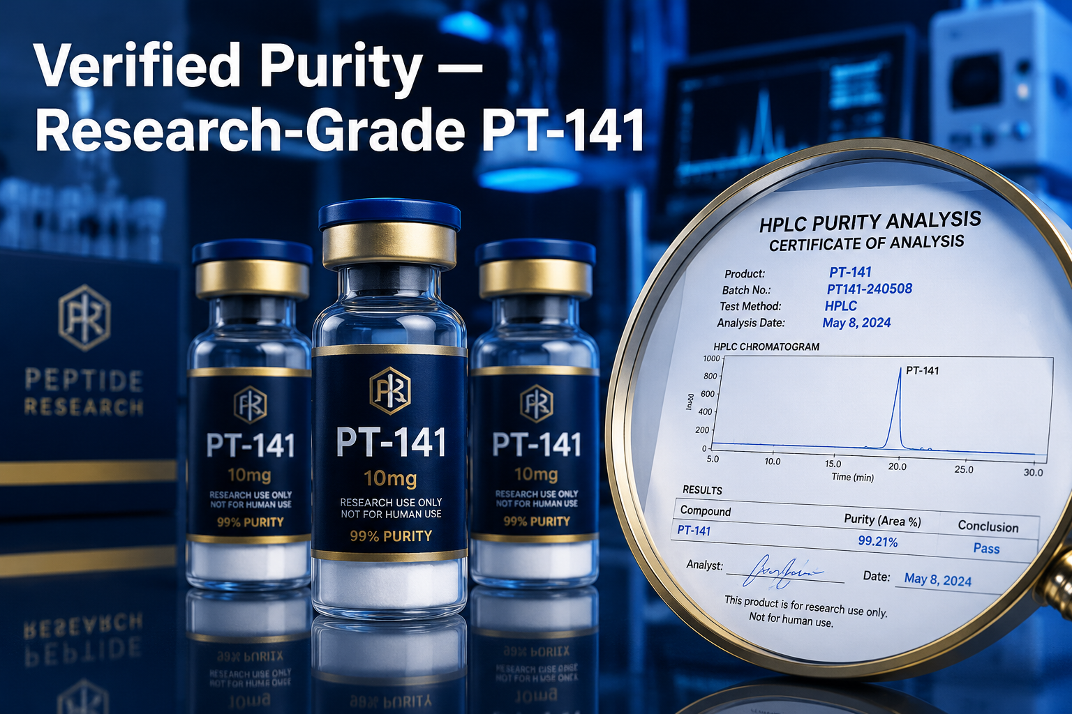 () detailed product-focused editorial image showing three peptide research vials on a reflective lab surface, one