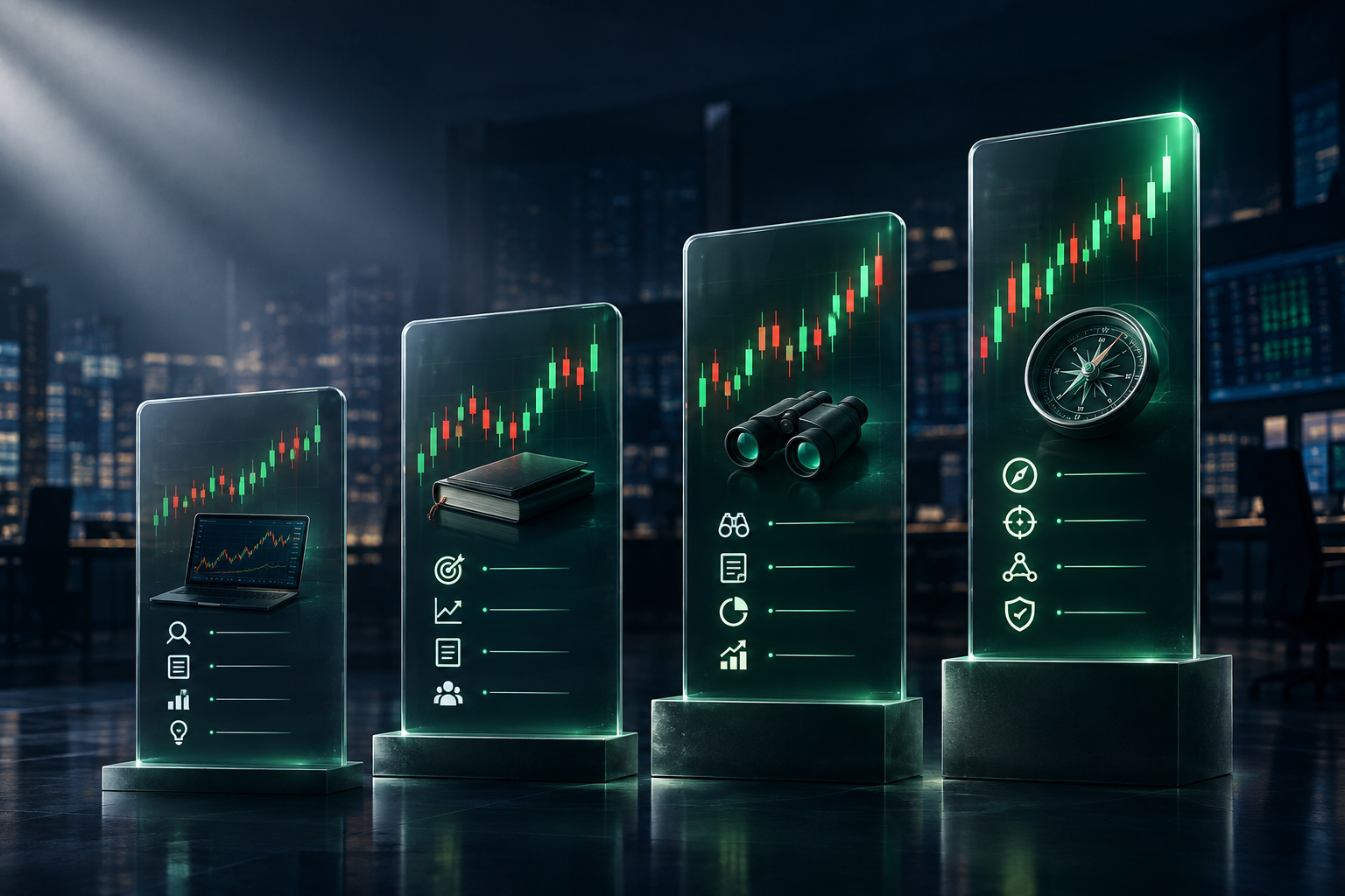 Stock Rover pricing tiers shown as four rising glass panels, one for each paid plan