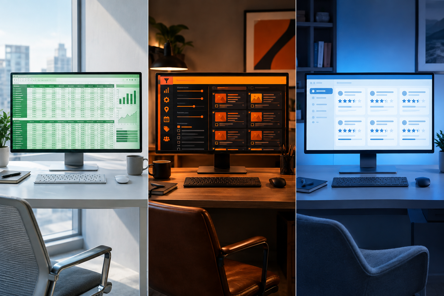 Three research setups side by side, comparing Stock Rover with Finviz Elite and Morningstar Investor
