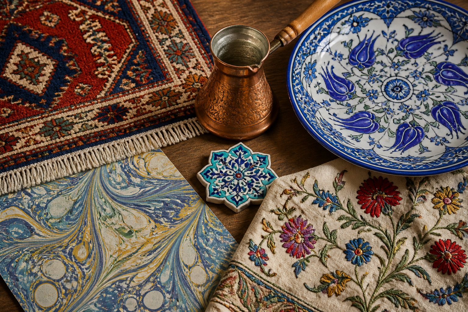 Detailed () showing a close-up overhead flat-lay of diverse traditional Turkish handicrafts arranged artfully on a wooden