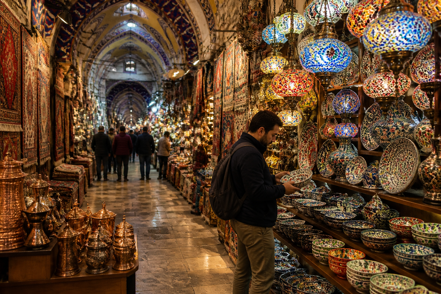 Detailed () showing a wide-angle street-level view inside Istanbul's Grand Bazaar with a shopper examining hand-painted