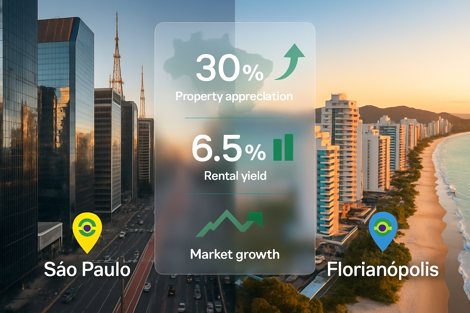 Detailed editorial landscape image (1536x1024) showing split-screen comparison of Brazil's largest investment cities. Left side displays São P