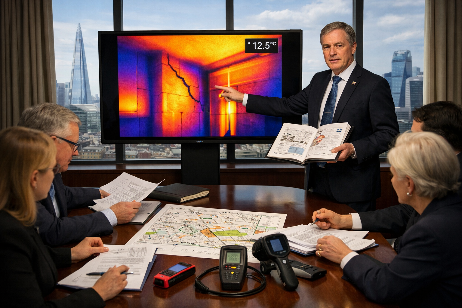 Landscape format (1536x1024) professional scene showing RICS-certified expert witness in formal business attire presenting detailed property