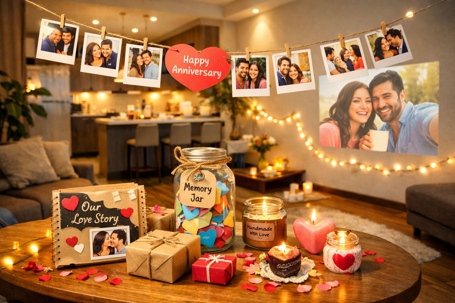Detailed () image showcasing creative DIY anniversary decorations within a spacious, a DIY 'memory jar' filled with notes, a