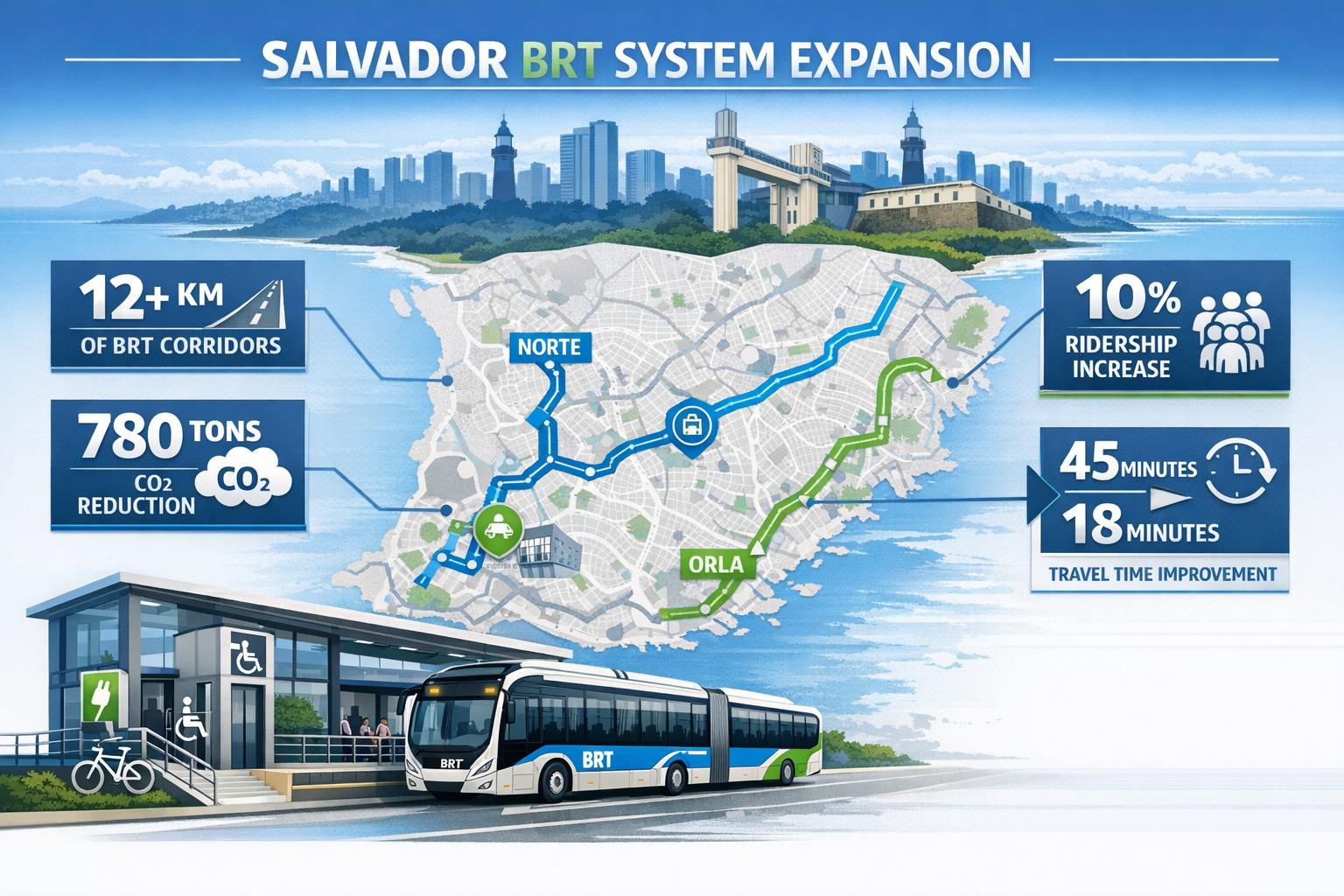 () detailed infographic showing Salvador's BRT system expansion map with highlighted corridors in electric blue and green,