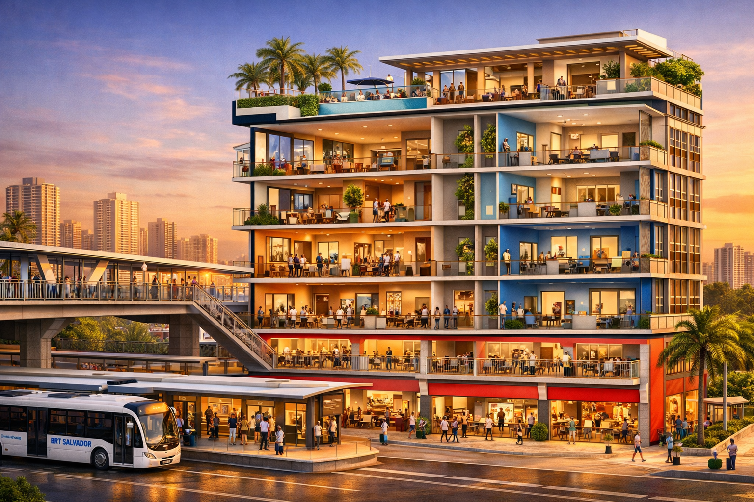 () architectural rendering showing cross-section view of mixed-use transit-oriented development tower adjacent to BRT