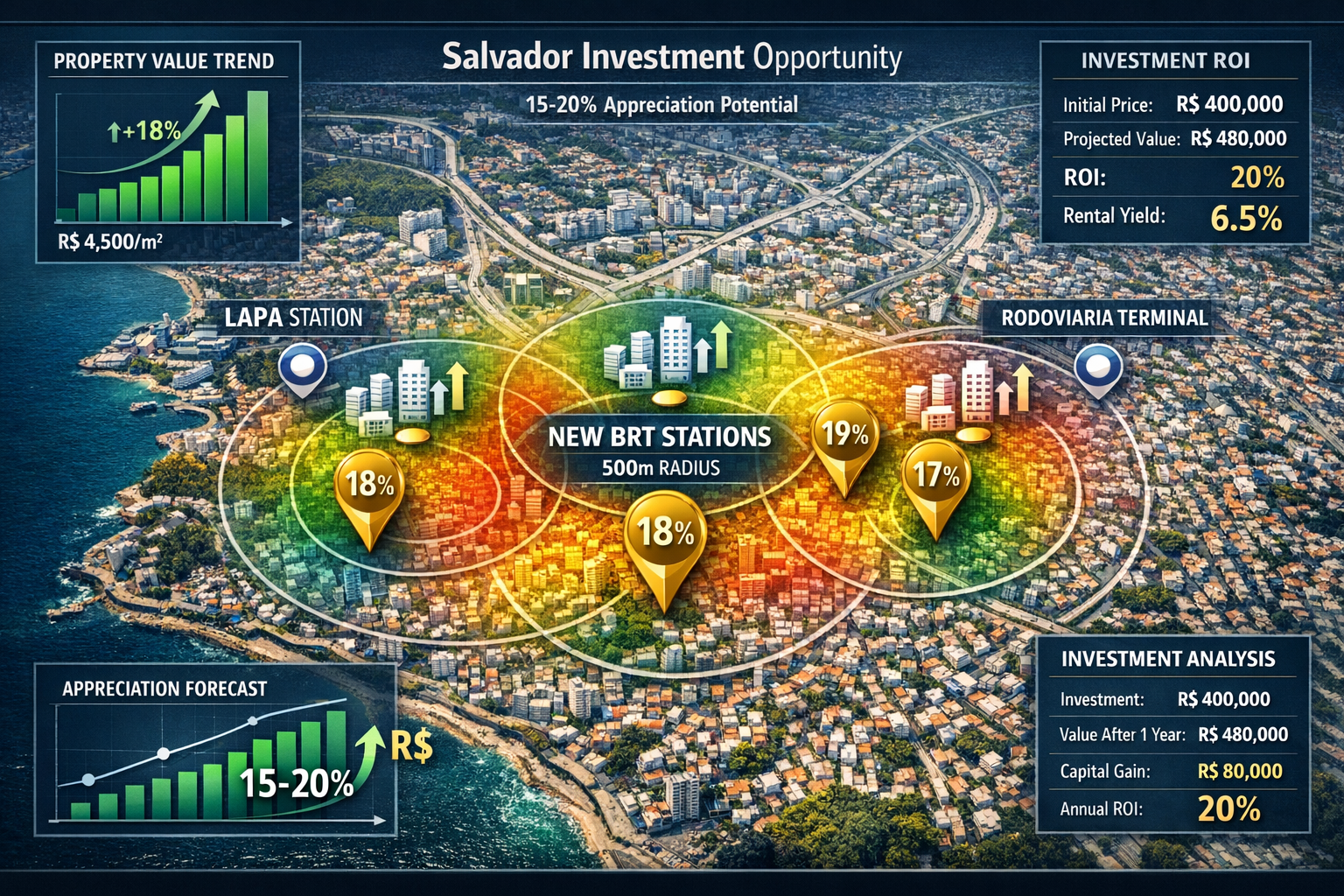 () financial investment opportunity visualization showing Salvador neighborhood map with color- heat zones indicating 15-20%