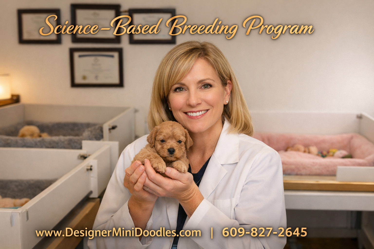 () editorial image showing a professional animal biologist in a clean, bright whelping room holding a tiny apricot micro