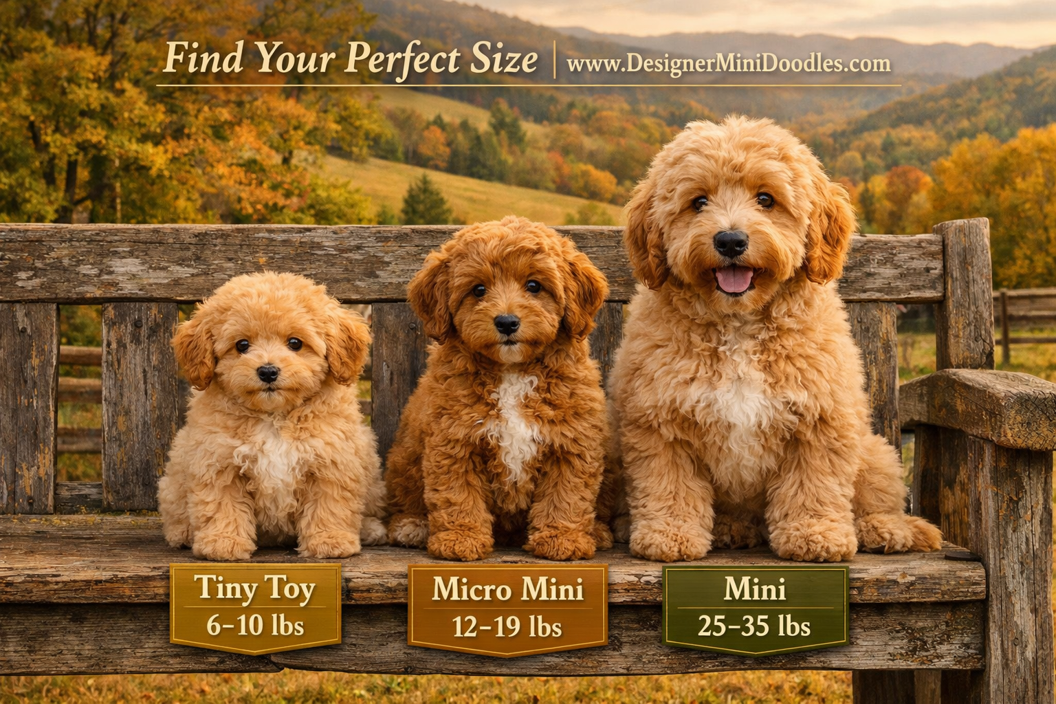 () infographic-style image showing three mini goldendoodle puppies of different sizes side by side on a rustic Tennessee