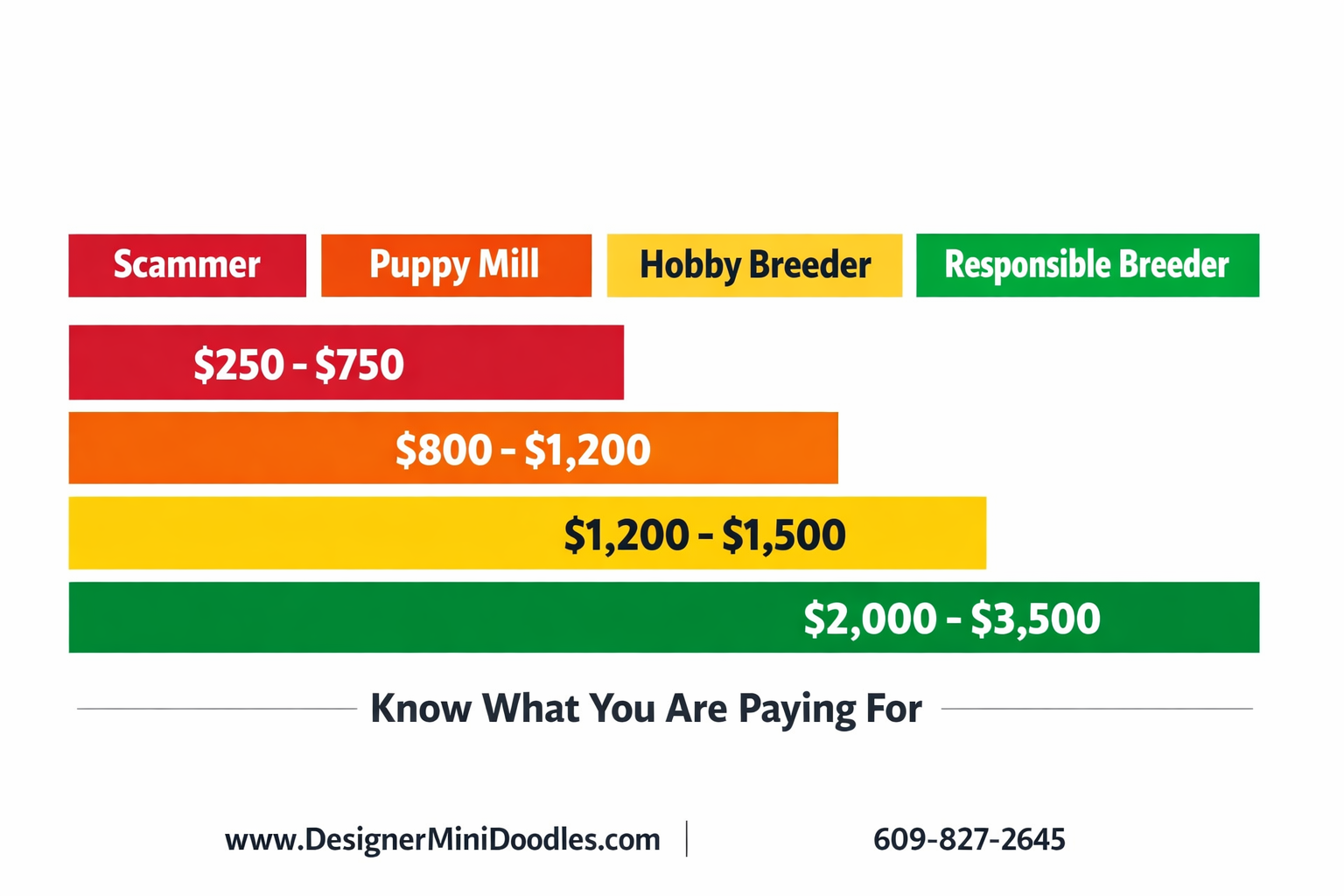 () price comparison bar chart infographic image with four colored bars labeled Scammer ($250-$750), Puppy Mill