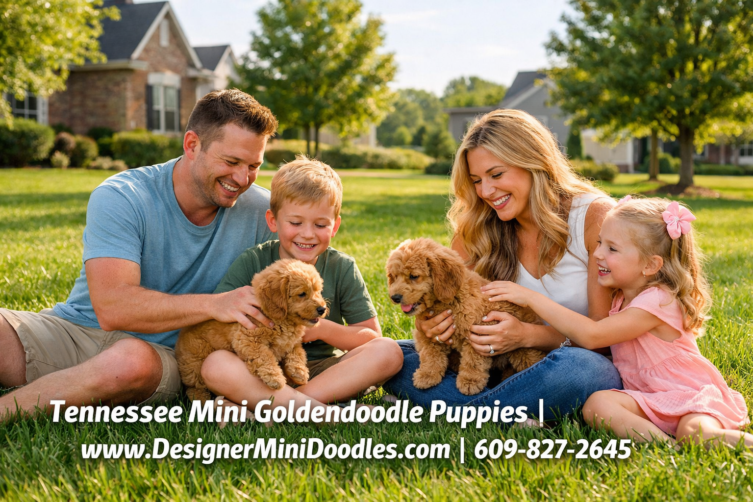 () showing a happy Tennessee family — two parents and two young children — sitting on a green lawn in a suburban Nashville