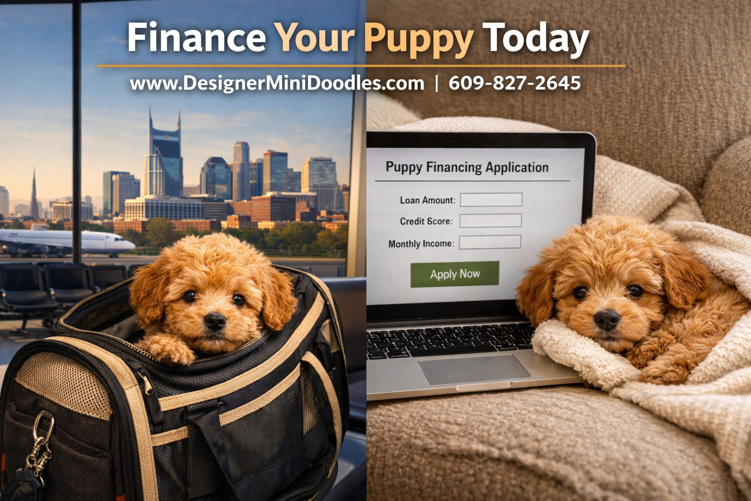 () showing a split-scene image: left side features a tiny micro mini goldendoodle puppy in a travel bag at a Tennessee