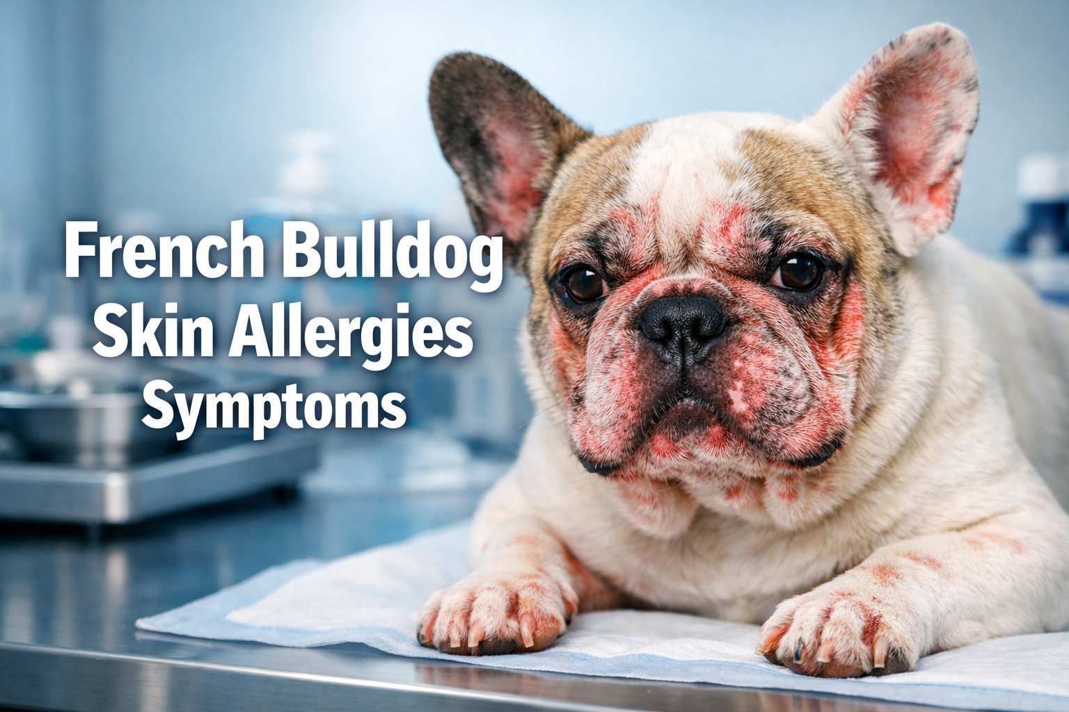 Professional landscape format (1536x1024) hero image with bold text overlay 'French Bulldog Skin Allergies Symptoms' in 70pt white sans-seri