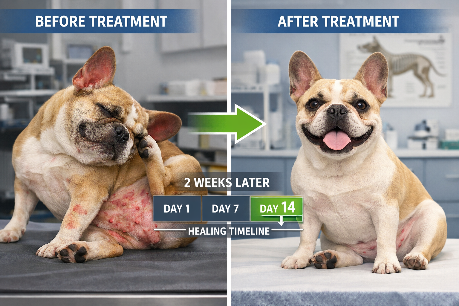 Landscape format (1536x1024) split-screen composition showing French Bulldog before and after allergy treatment, left side displaying visibl