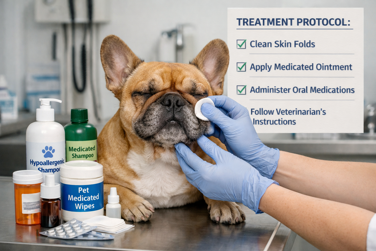 Professional landscape format (1536x1024) image of French Bulldog receiving gentle skin care treatment, hypoallergenic shampoo bottles, medi