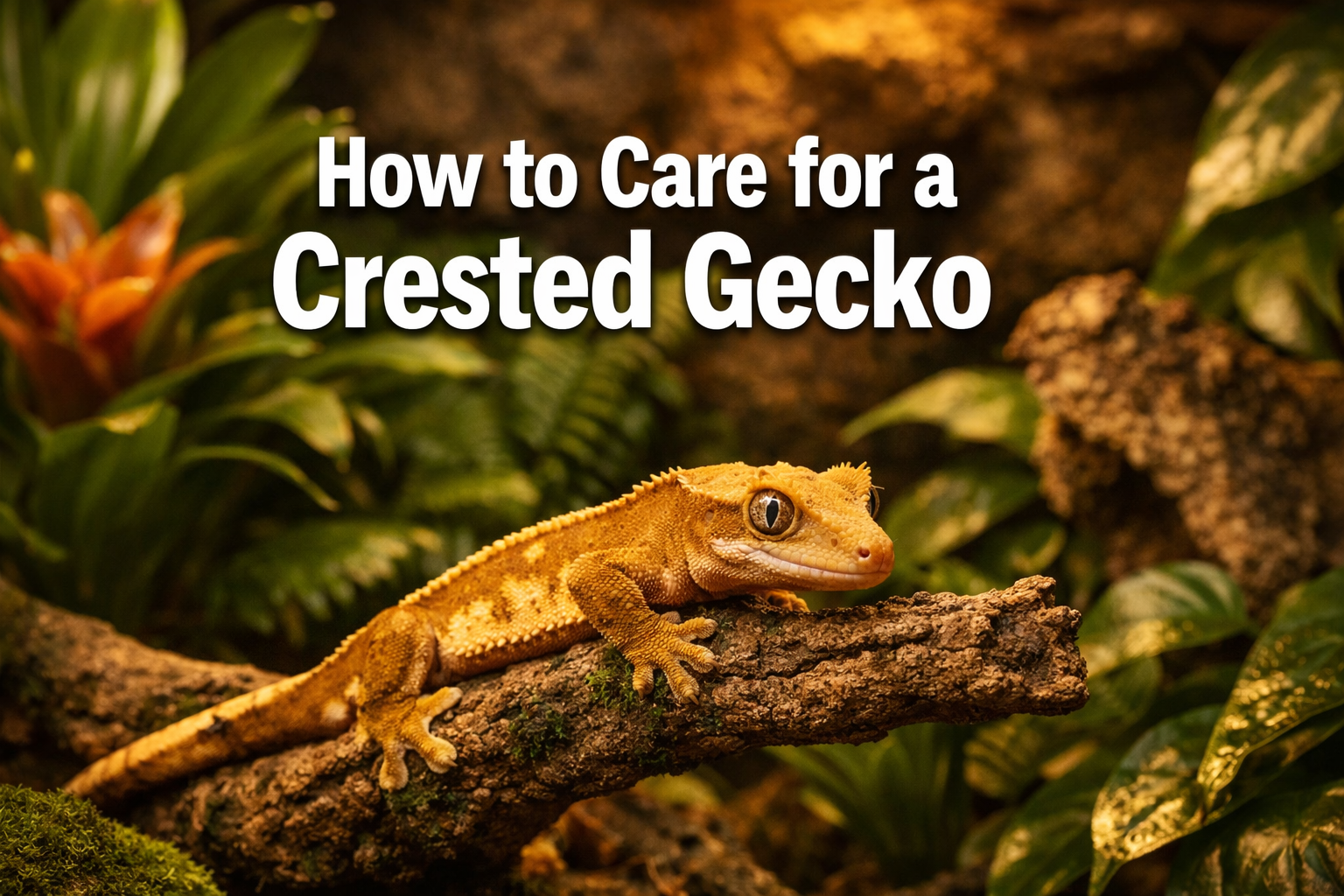 Professional landscape format (1536x1024) hero image with bold text overlay 'How to Care for a Crested Gecko' in extra large 72pt white sans