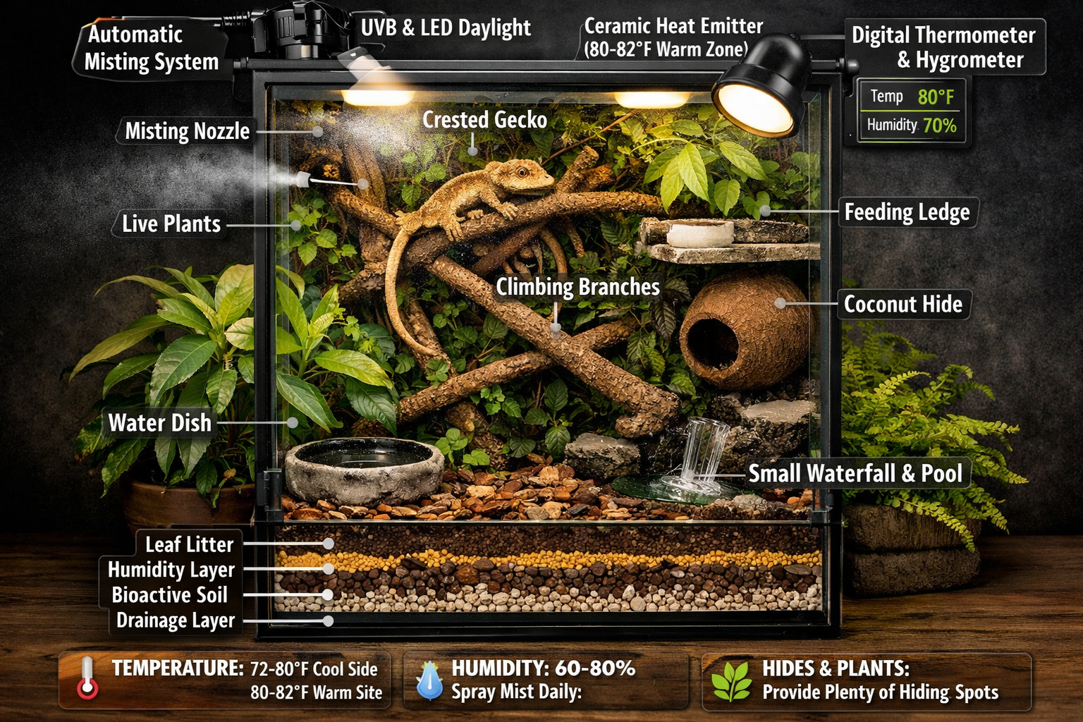 Detailed landscape format (1536x1024) image showing comprehensive crested gecko habitat setup with vertical terrarium, live plants, branches