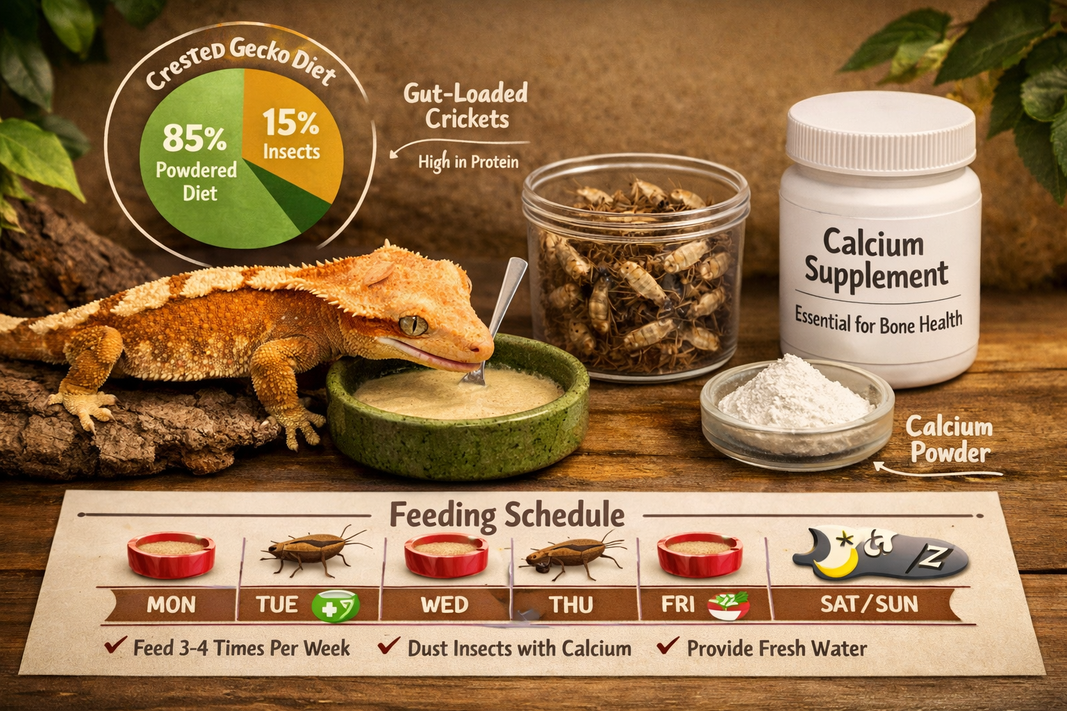 Professional landscape format (1536x1024) image featuring crested gecko feeding scene with powdered diet bowl, gut-loaded crickets, calcium 